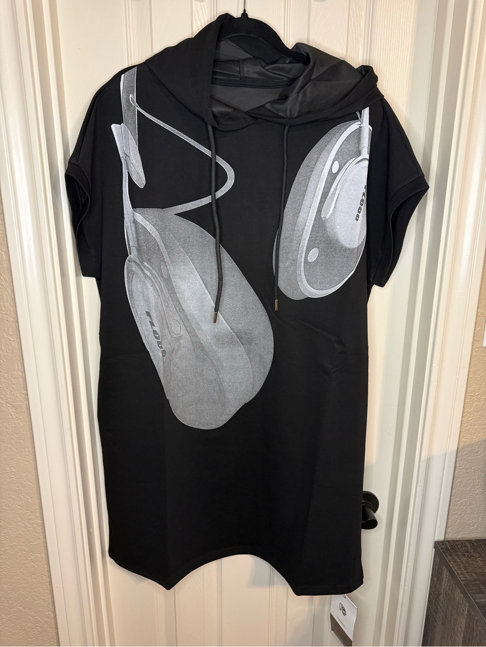 Black Hoodie Dress with Metallic Silver Headphone Graphic by Flooo